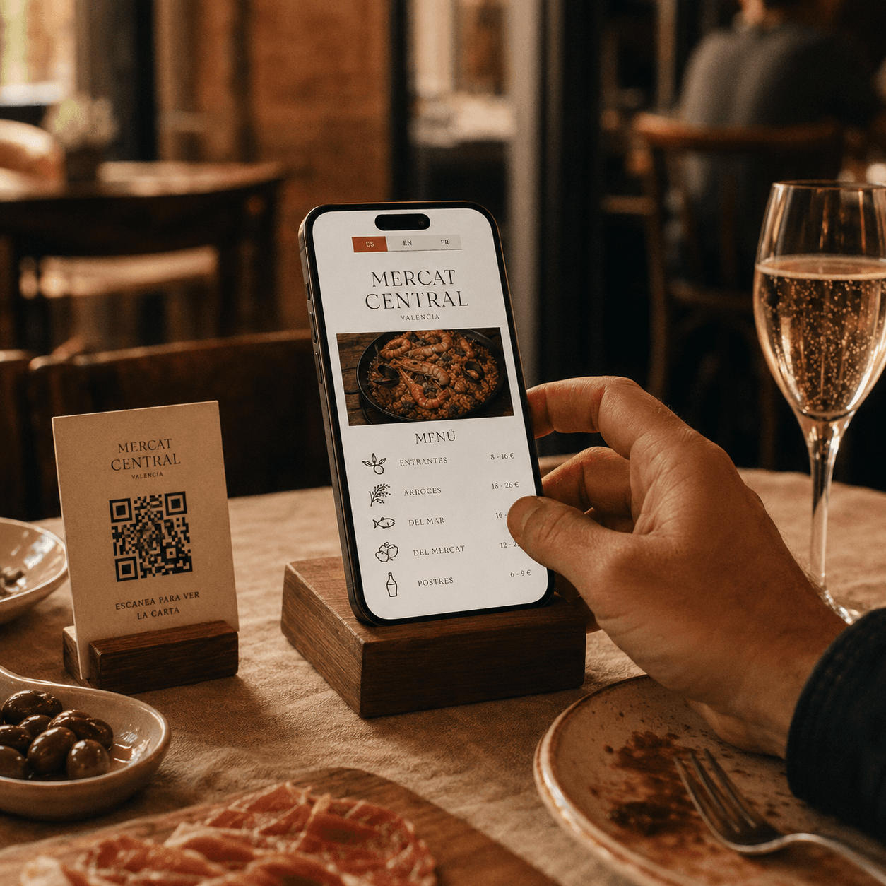 Carta digital trilingüe en smartphone con código QR de mesa